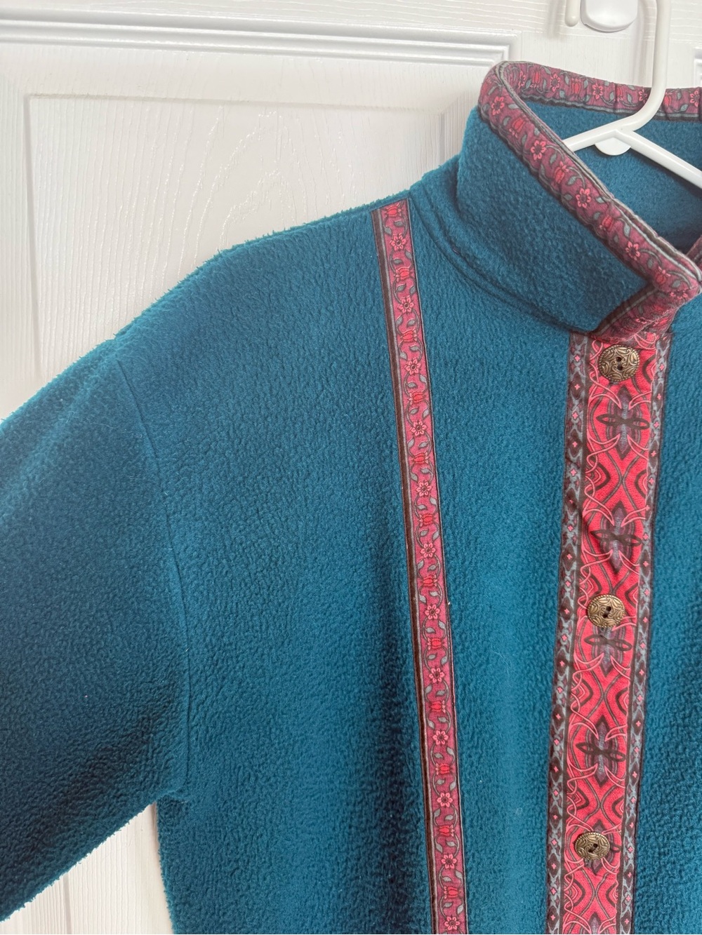 Teal Fleece Jacket with Red Trim - Women's Cozy Coat - Picture 2 of 8